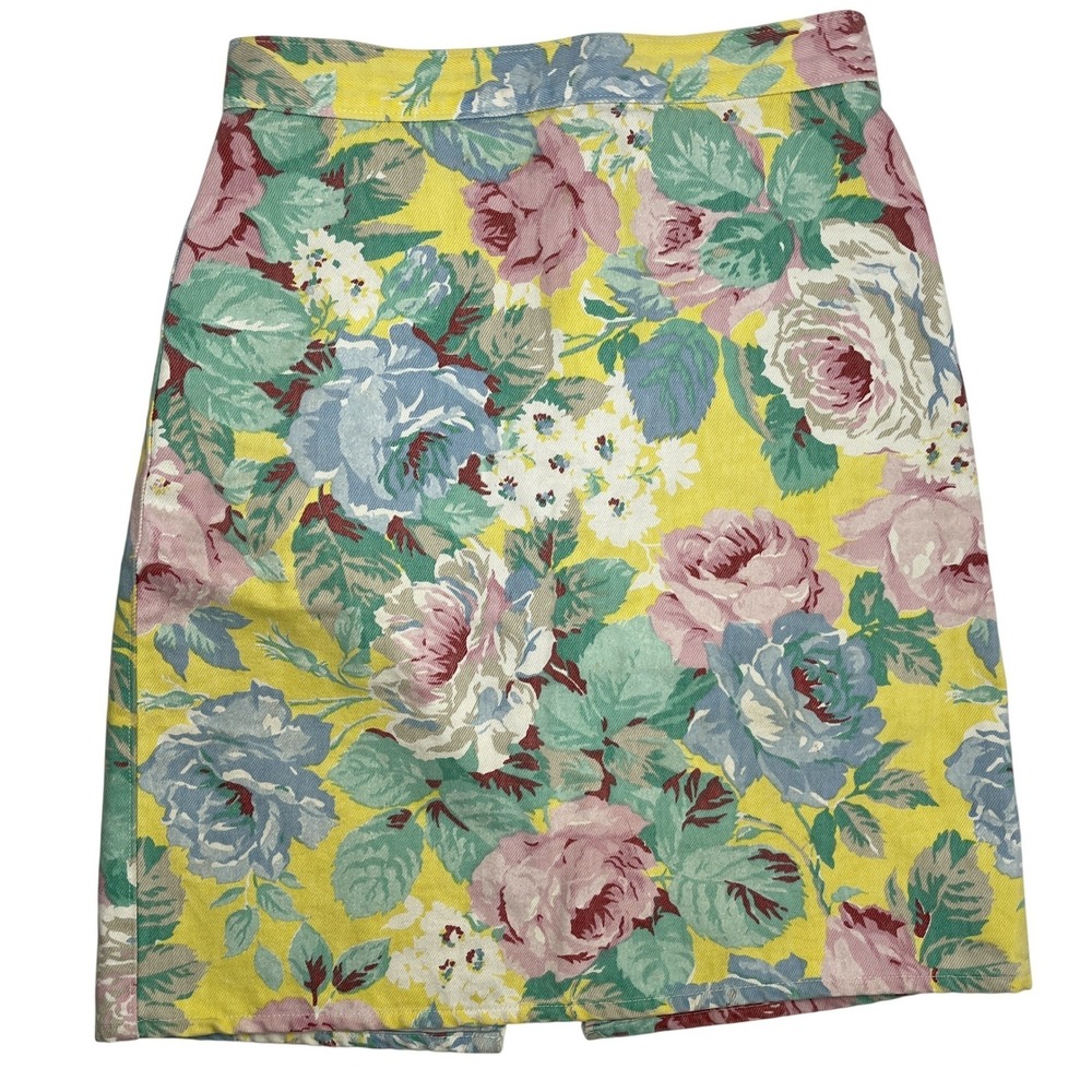Vintage Palmettos Yellow Floral Denim Skirt Size 9 90s Cottagecore Spring Easter